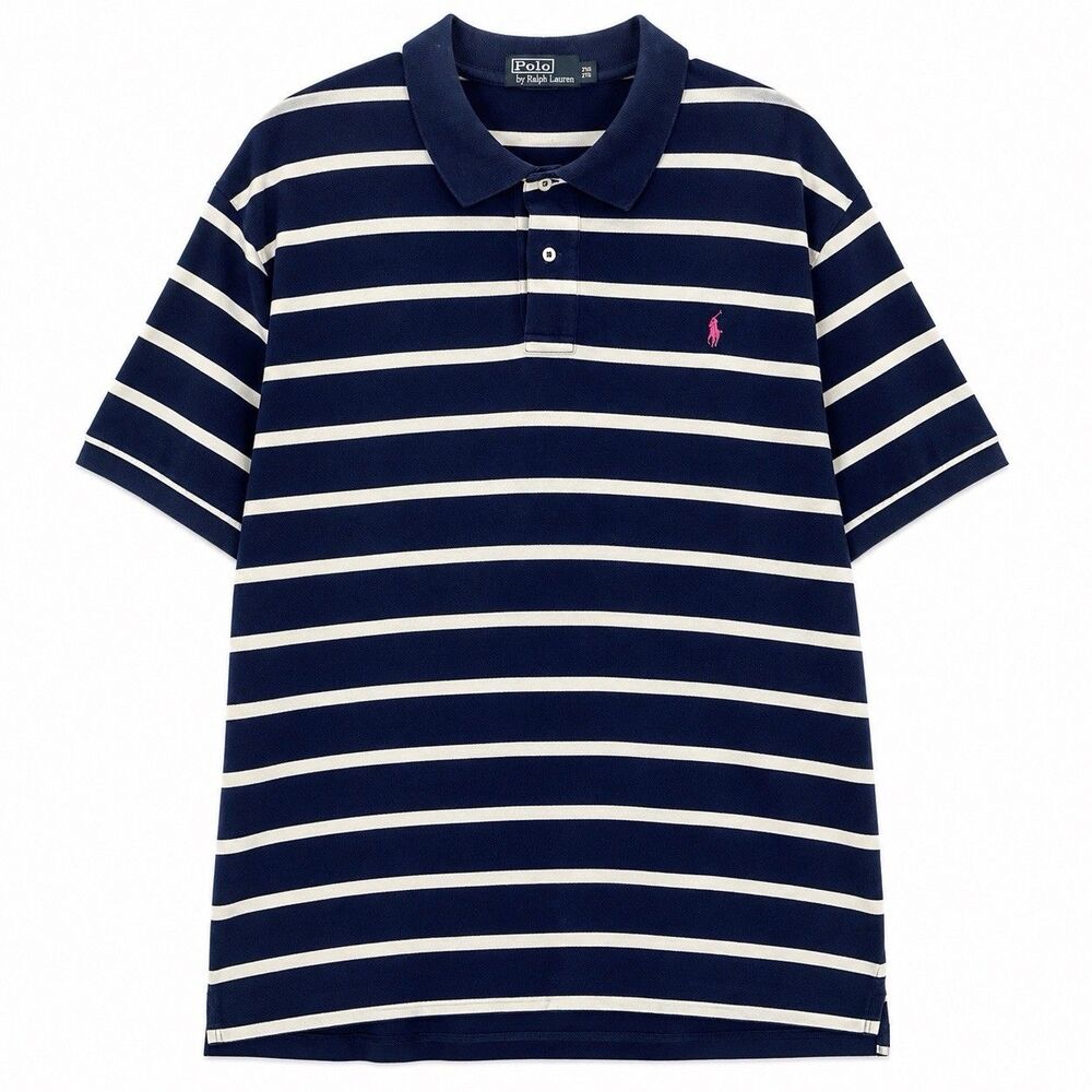Polo Ralph Lauren Mens 2XB Big Tall Navy White Striped Polo Pink Pony Cotton